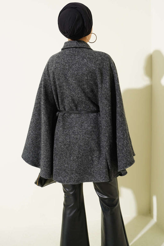 Dünner, taillierter Kaschmirponcho mit Hemdkragen, Rauchgrau
