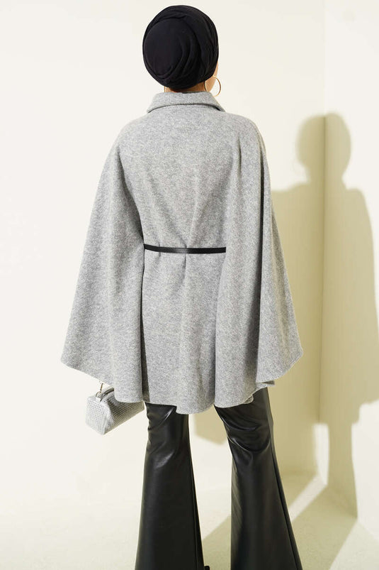 Thin Belted Shirt Collar Cashmere Poncho Grey