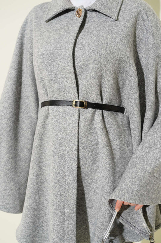 Thin Belted Shirt Collar Cashmere Poncho Grey