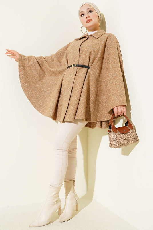 Thin Belted Shirt Collar Cashmere Poncho Latte