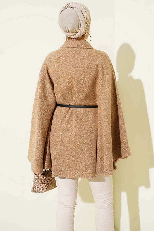 Thin Belted Shirt Collar Cashmere Poncho Latte