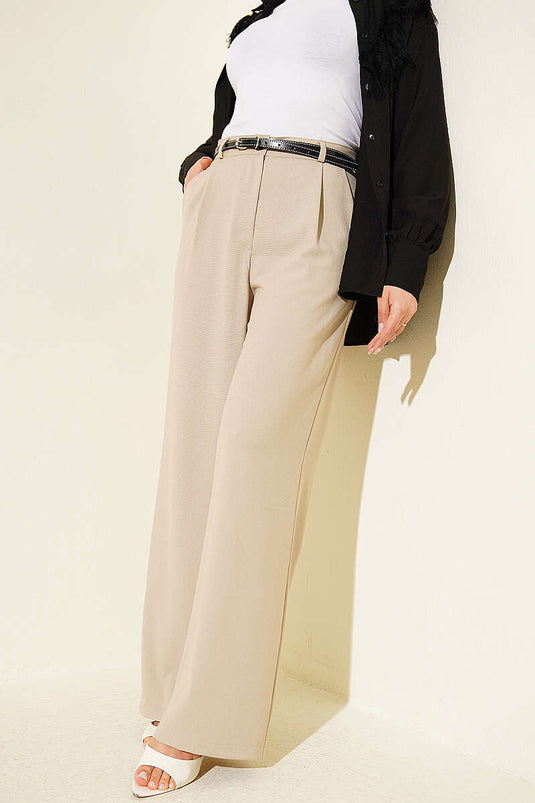 Beige Geplisseerde Stoffen Broek Met Dun Riempje
