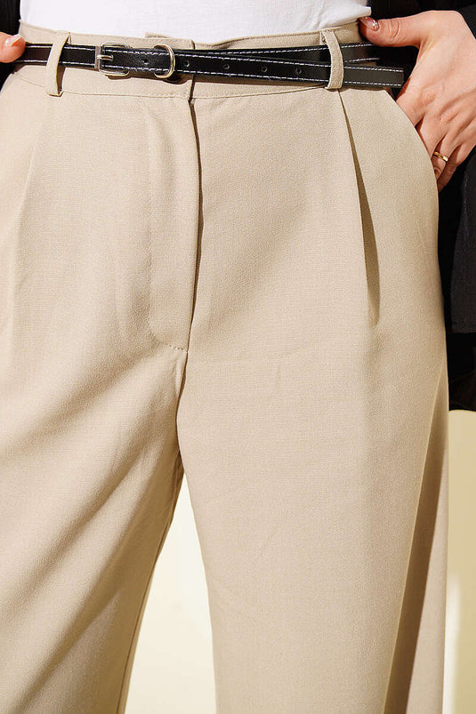 Beige Geplisseerde Stoffen Broek Met Dun Riempje