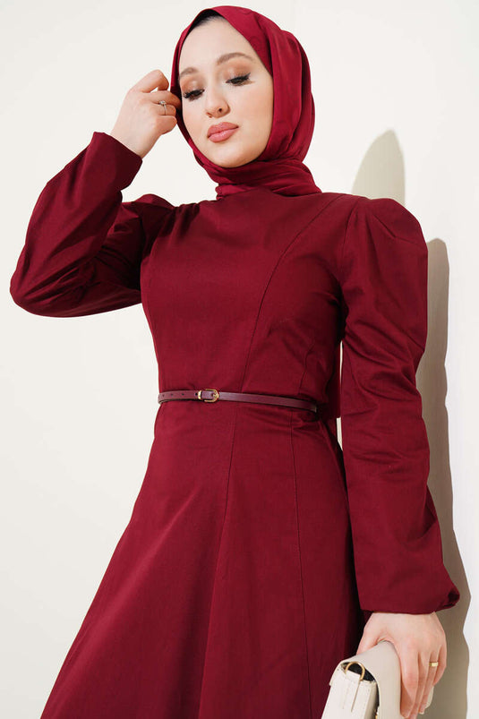 Dunne Poplin Jurk met Riem, Bordeauxrood