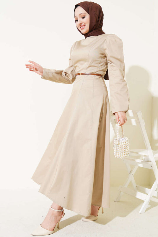 Dunne Poplin Jurk met Riem, Nerts