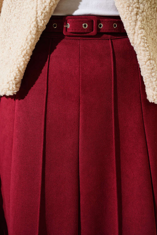 Thin Belted Suede Skirt Burgundy