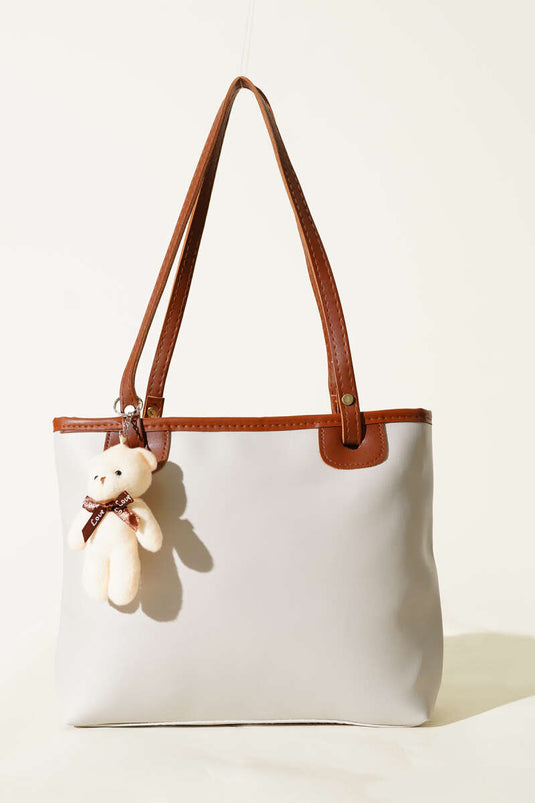 Grey Thin-Handled Bag with Teddy Bear Accessory
