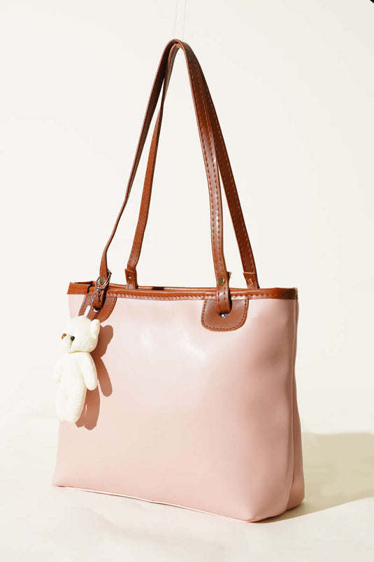 Sac à accessoires ours en peluche à anses fines, rose poudré