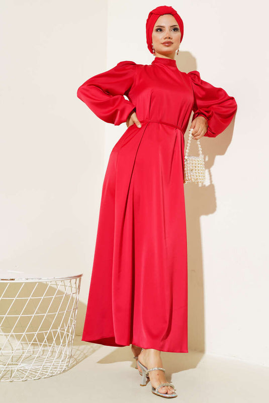 Robe En Satin Élastique À Manches Fines Ceinturées Rouge