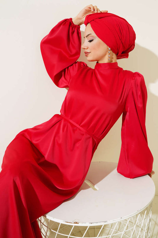 Robe En Satin Élastique À Manches Fines Ceinturées Rouge