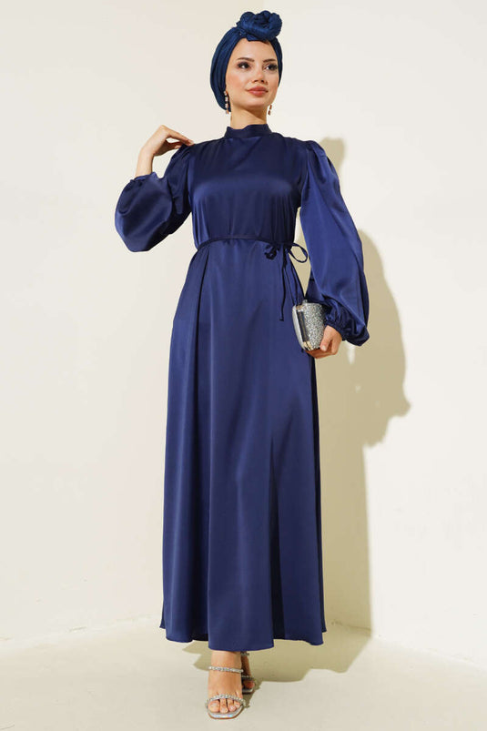 Robe En Satin Élastique À Manches Fines Ceinturées Bleu Marine