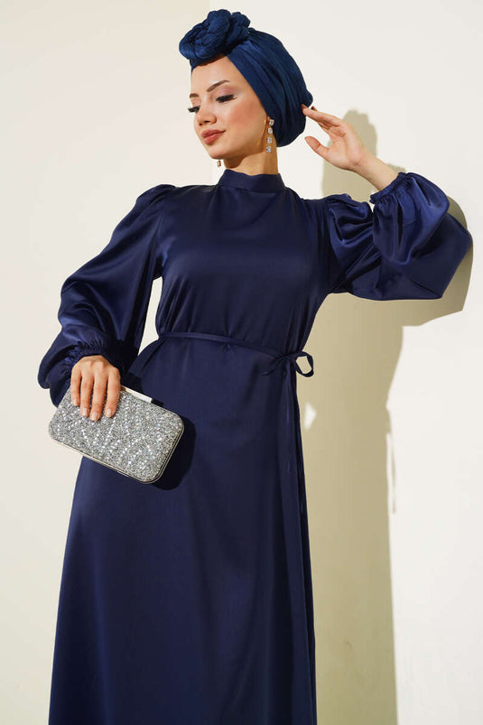 Robe En Satin Élastique À Manches Fines Ceinturées Bleu Marine