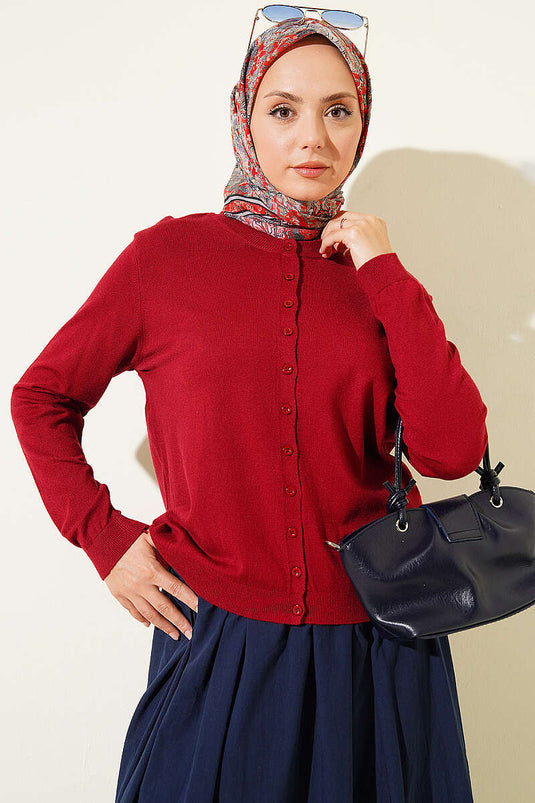 Bordeaux Dun Breisel Met Knopen Cardigan