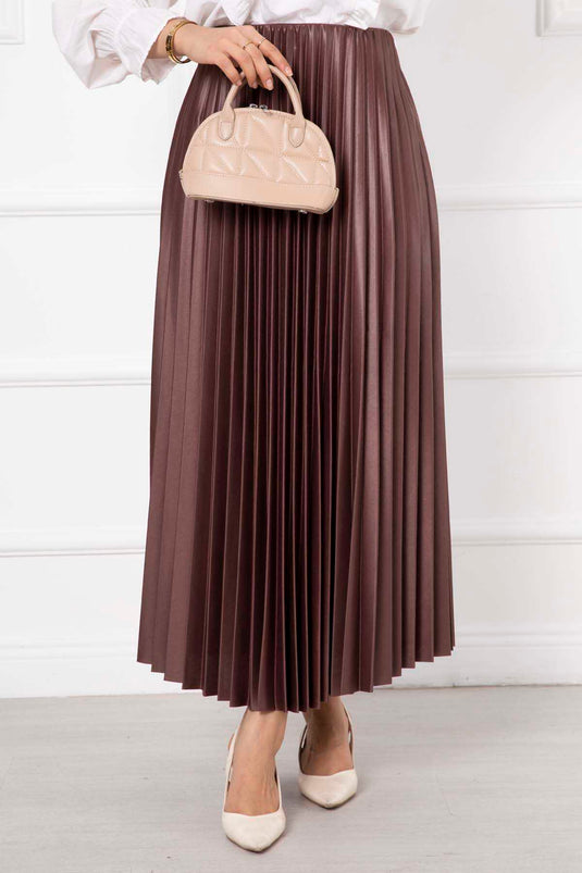 İnce Piliseli Uzun Tesettür  Etek Fındık Kabuğu