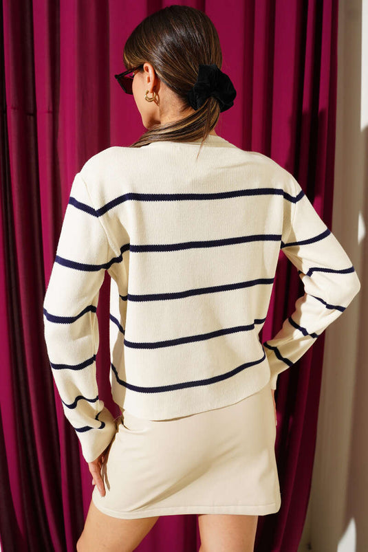 İnce Yatay Çizgili Triko Hırka Bej Lacivert