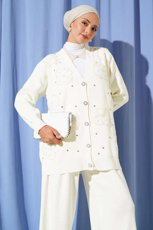 Pearl Flower Detailed Two-Piece Knitwear Set Ecru