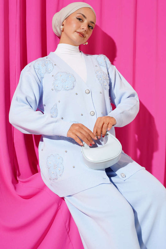 Pearl Flower Detailed Two-Piece Knitwear Set Blue