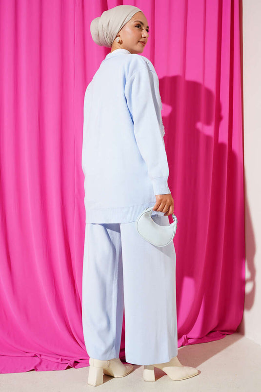 Pearl Flower Detailed Two-Piece Knitwear Set Blue