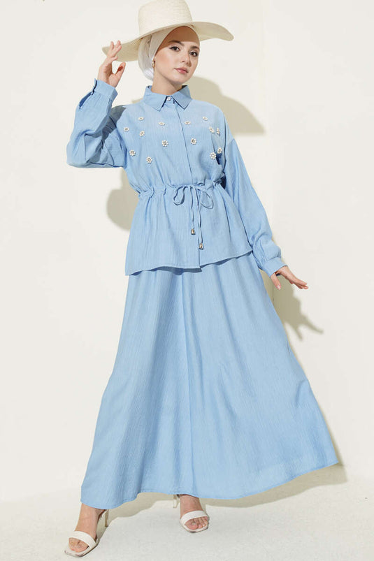 Ensemble jupe à taille froncée avec fleurs perle, bleu