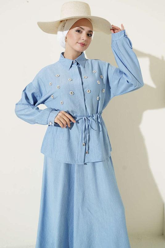 Ensemble jupe à taille froncée avec fleurs perle, bleu