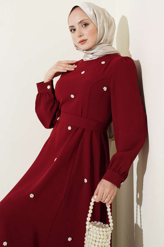 Robe Burgundy À Fleurs Avec Ceinture