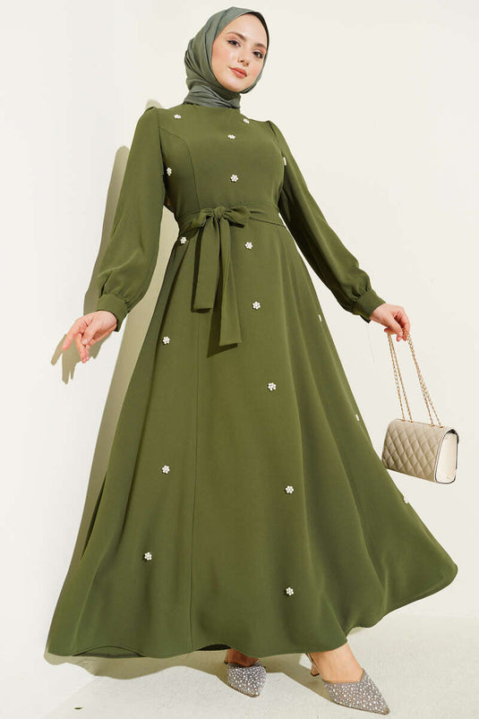Robe Ornée Avec Ceinture Beige