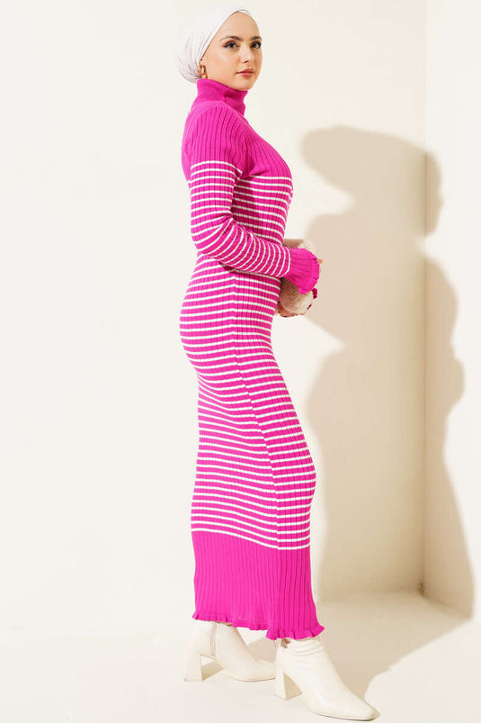 Pearl Striped Ribbed Knit Dress Fuchsia