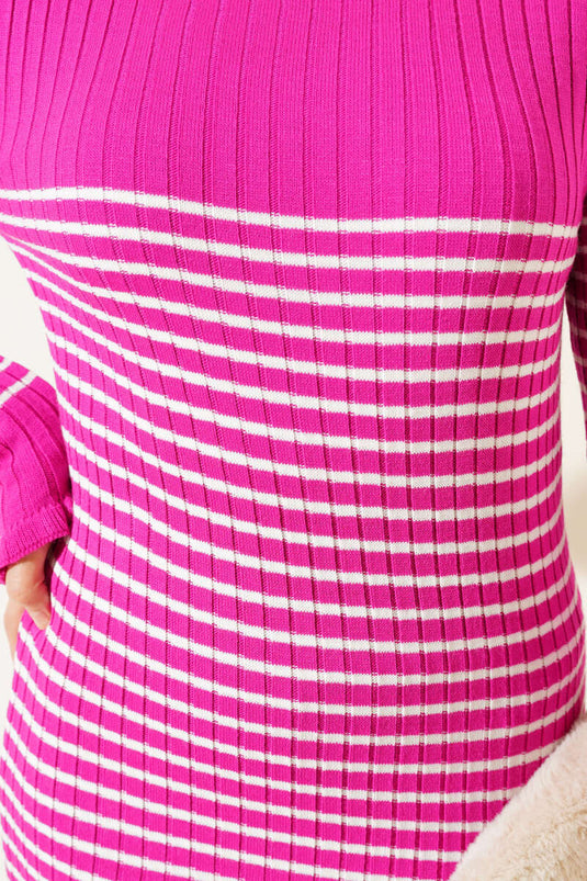 Pearl Striped Ribbed Knit Dress Fuchsia