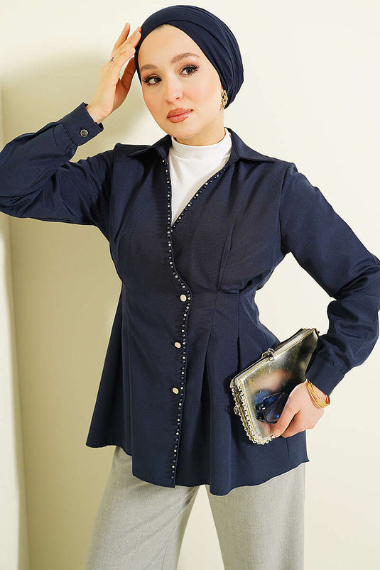 Chemise plissée à la taille avec détail perlé, bleu marine