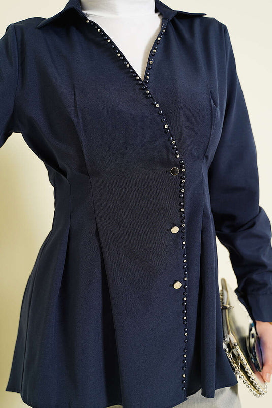 Chemise plissée à la taille avec détail perlé, bleu marine