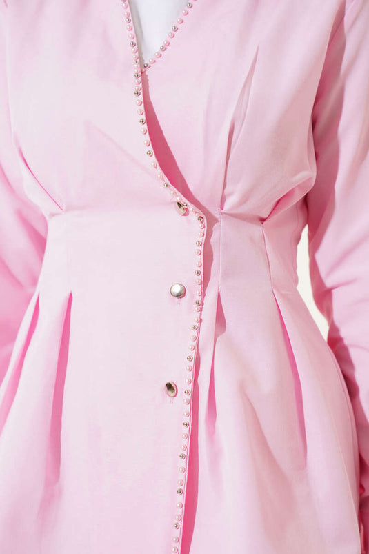 Pearl Detailed Waist Pleated Shirt Pink