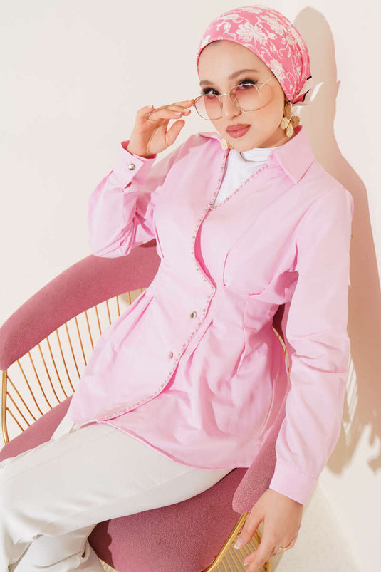 Pearl Detailed Waist Pleated Shirt Pink
