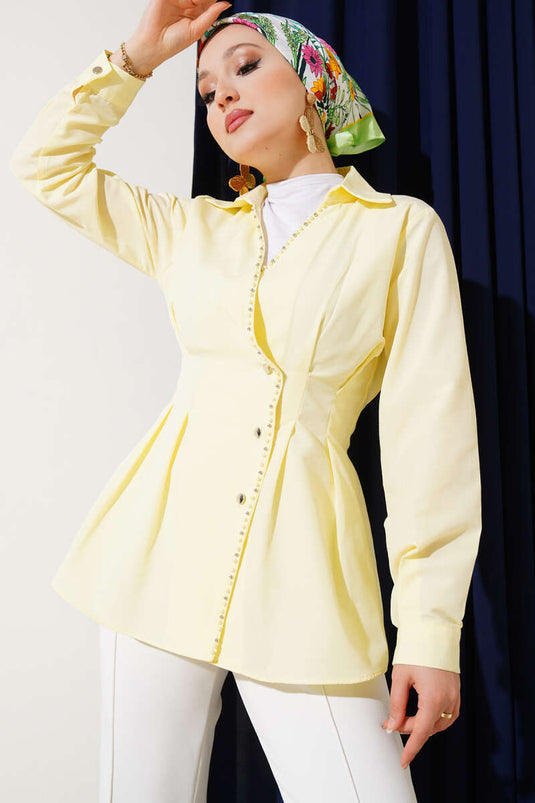 Pareldetail taille geplooid overhemd geel