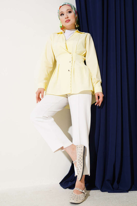 Pareldetail taille geplooid overhemd geel