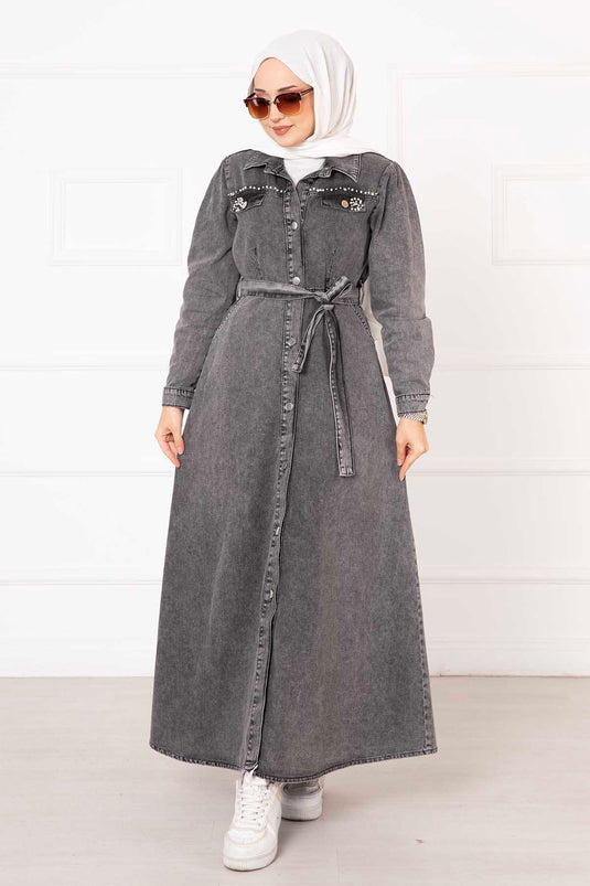 Detailed Pearl Long Buttoned Denim Dress Charcoal