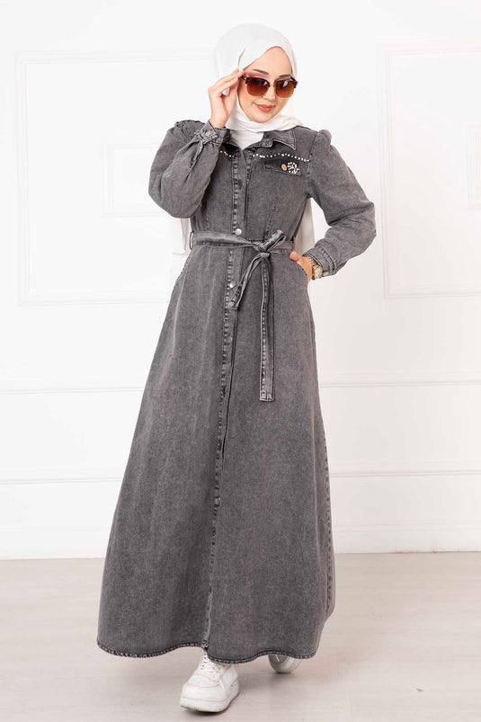 Detailed Pearl Long Buttoned Denim Dress Charcoal