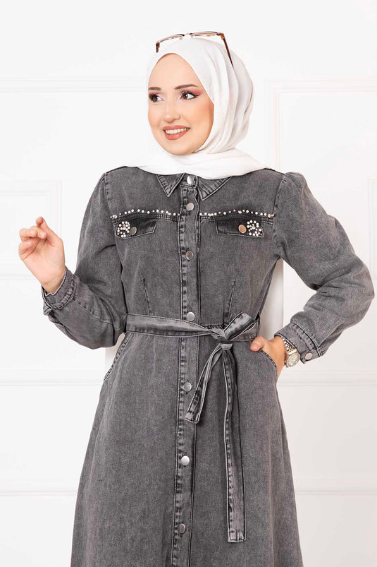 Detailed Pearl Long Buttoned Denim Dress Charcoal