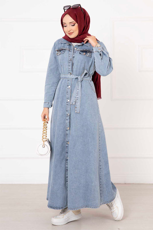 Pearl Detailed Full-Length Buttoned Denim Dress Blue