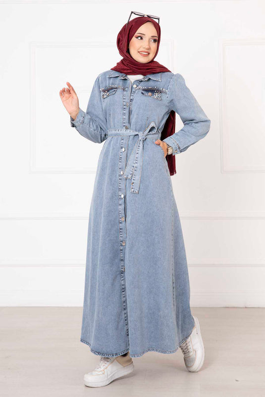 Pearl Detailed Full-Length Buttoned Denim Dress Blue