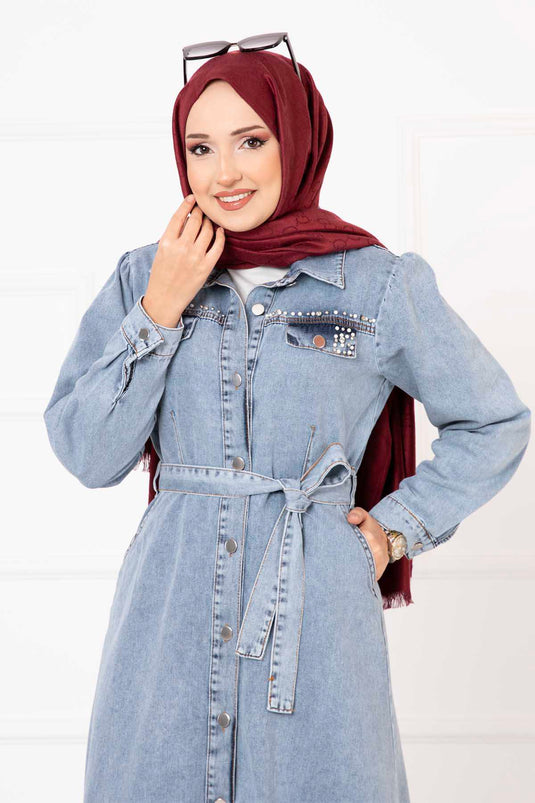 Pearl Detailed Full-Length Buttoned Denim Dress Blue