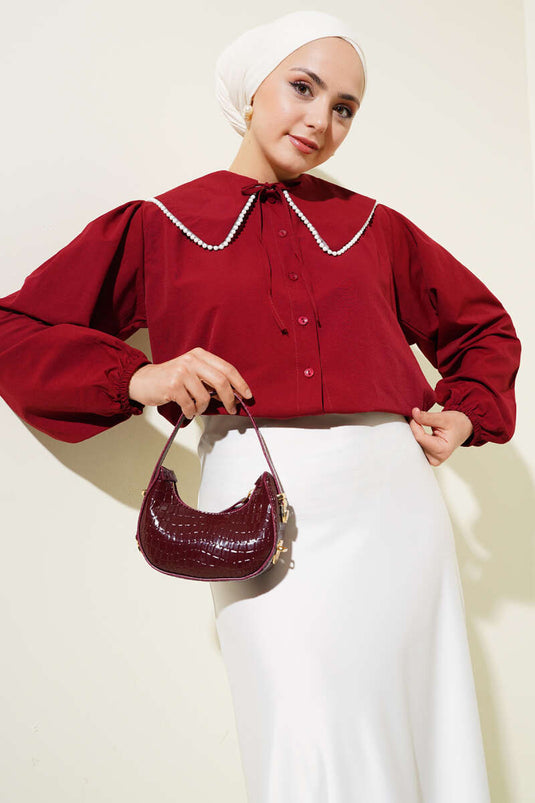 Pearl-Detail Nautical Collar Short Shirt Burgundy