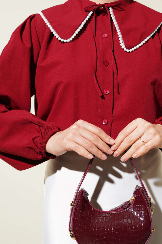 Pearl-Detail Nautical Collar Short Shirt Burgundy