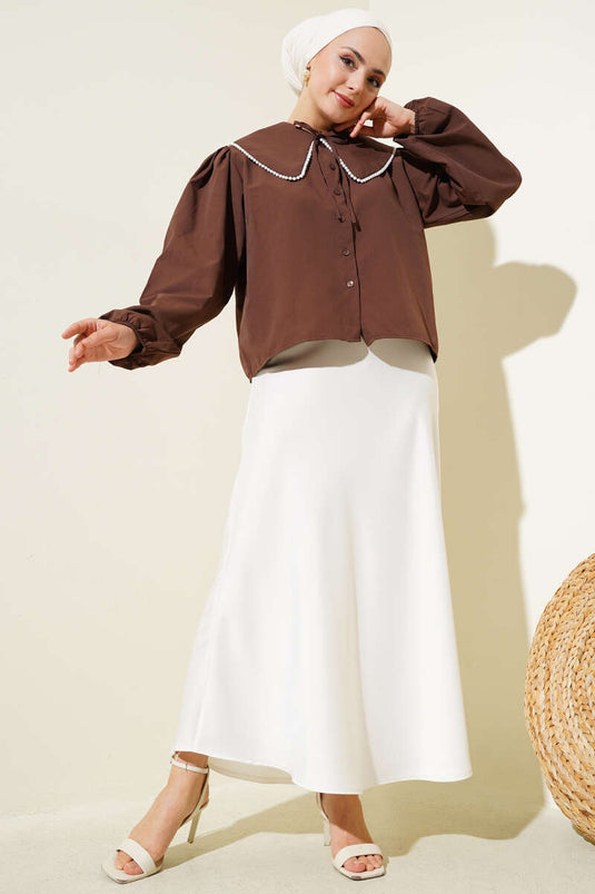 İnci Detaylı Denizci Yaka Kısa Gömlek Kahve