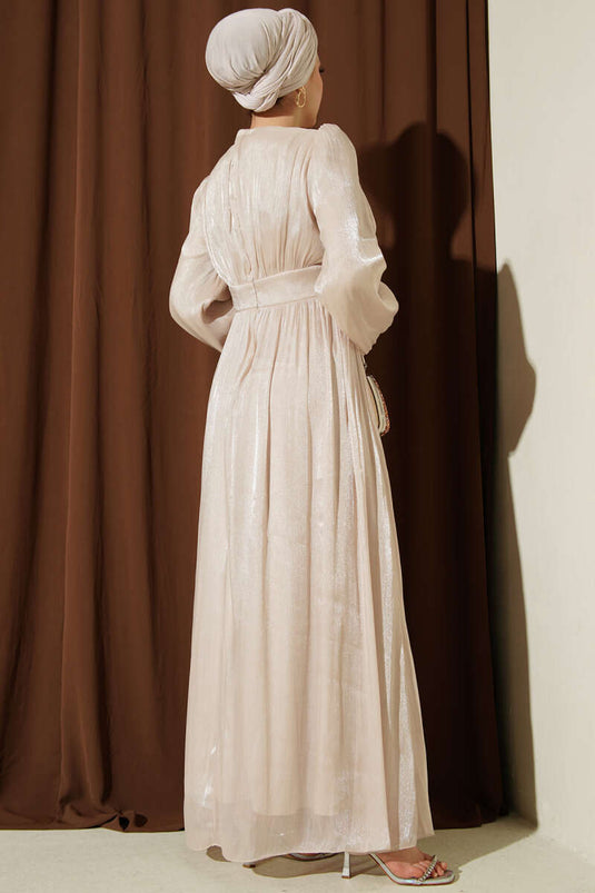 İnci Detaylı Drapeli Abiye Elbise Bej