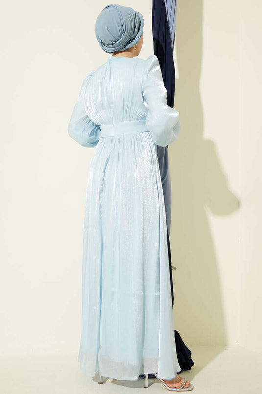 İnci Detaylı Drapeli Abiye Elbise Buz Mavisi