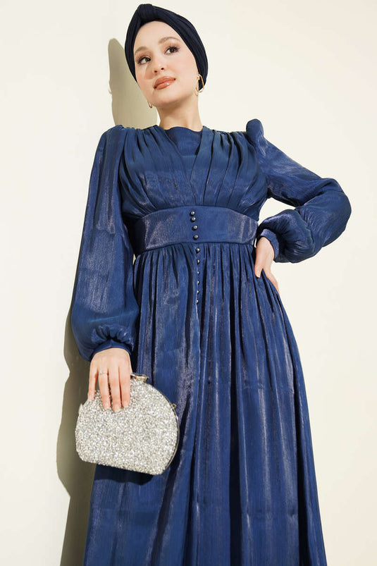 Evening Dress with Draped Pearl Detail Navy Blue