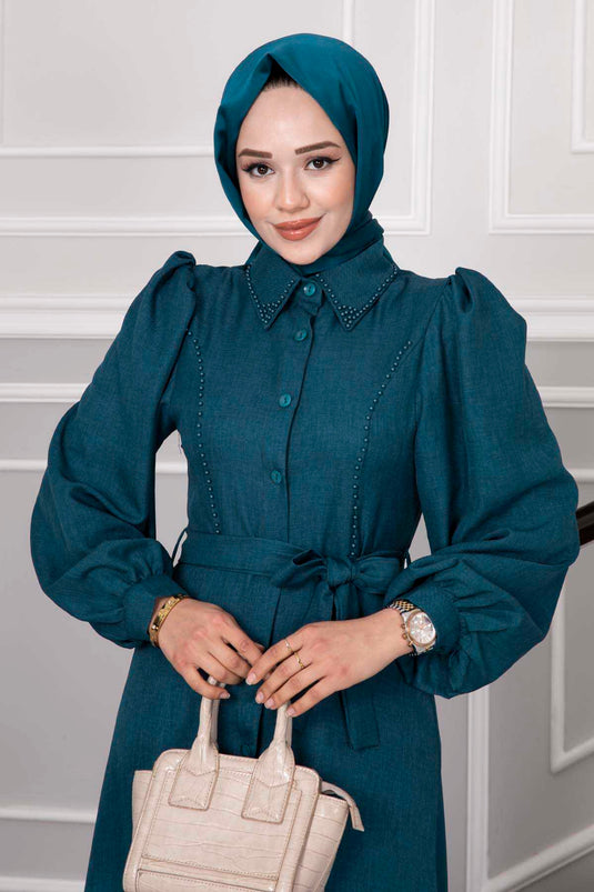 Robe Hijab Détaillée De Perles Pétrole