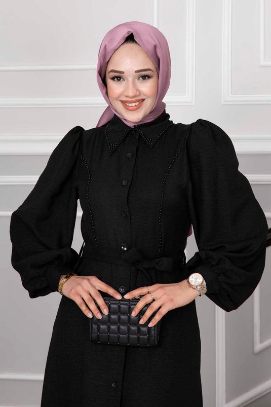 Robe Hijab Détail Perles Noir