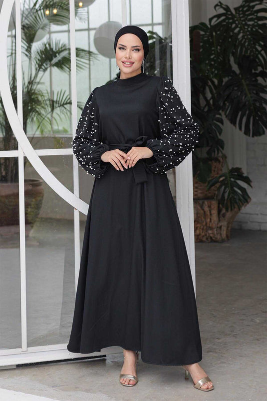 Robe Hijab Détail Perles Noir