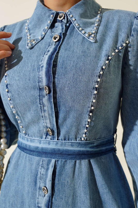 Robe En Jean Détail Perles Bleu Denim